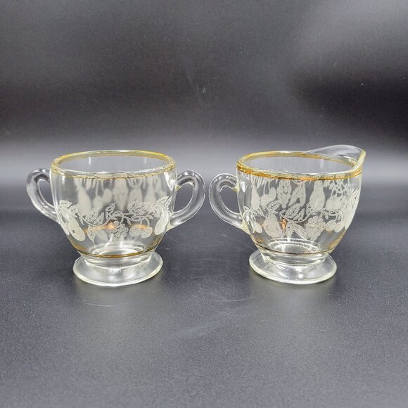 Vintage Cream And Sugar Set Clear Glass Frosted Fruit Gold Serving Kitchen Read - Picture 3 of 9